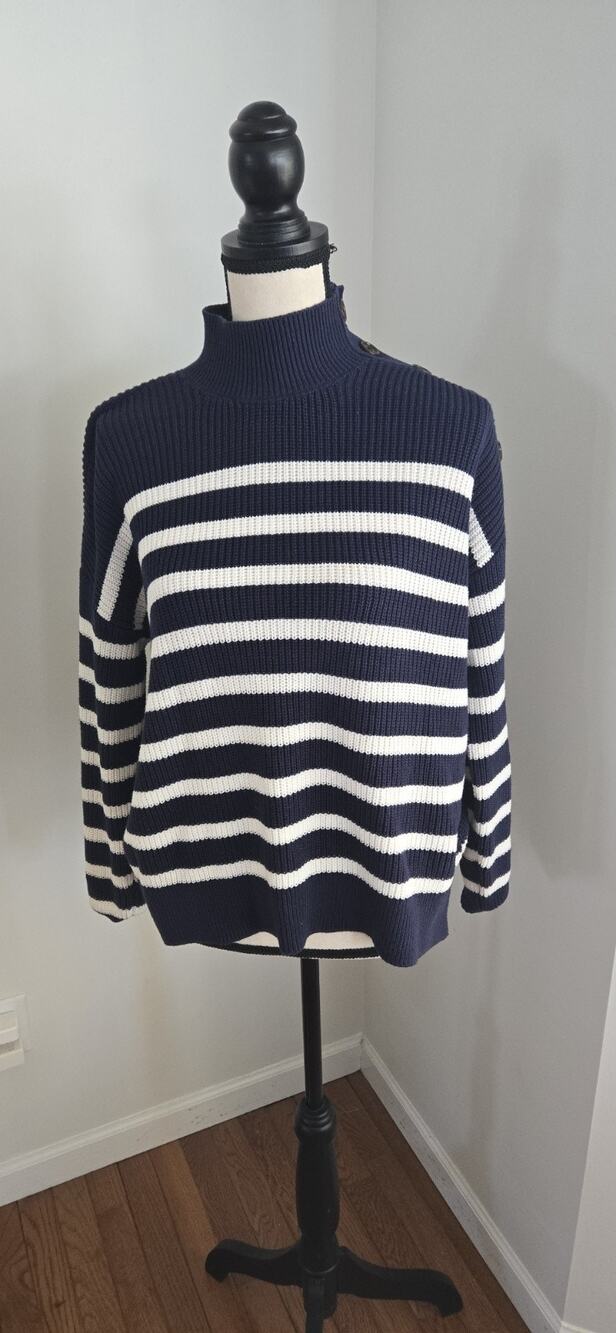 LOFT Navy/White Striped Ribbed Knit Mock Neck Button Shoulder Sweater S